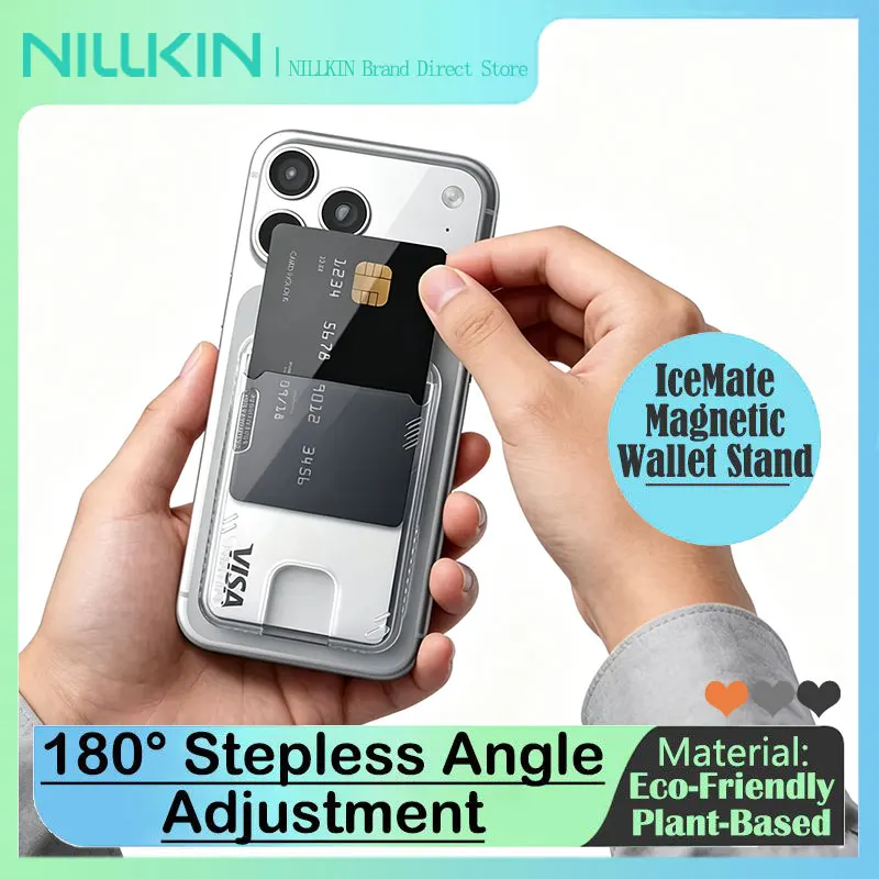 NILLKIN IceMate Magnetic Wallet Stand, N52 Strong Magnet 2 Card Holder for MagSafe Phone, 180° Adjustable Phone Stand