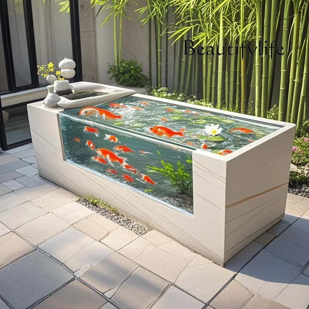 A63  Rock slab floor-to-ceiling fish pond Double-layer thickened glass landscape fish tank Outdoor balcony Turtle courtyard Ecol