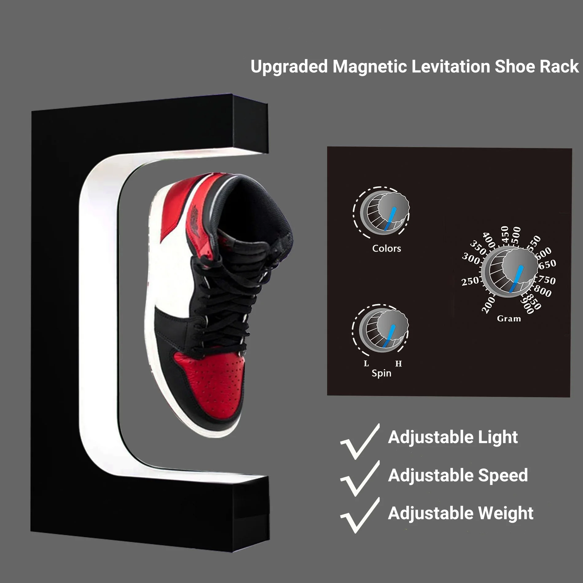 

Magnetic Floating Shoe Display Stand Holder Adjustable speed Rotation Acrylic Rack with LED Light Showcase Floating Sneakers