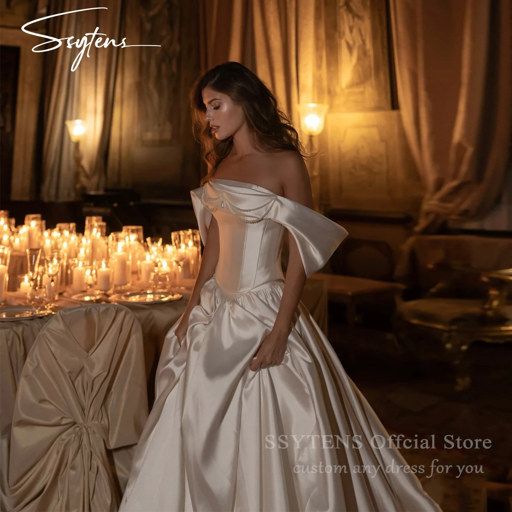 

SSYTENS Elegant Princess Wedding Dresses Pearls Off Shoulder Bride Dress Lace Up Back Satin Bridal Gown vestido de novia boda