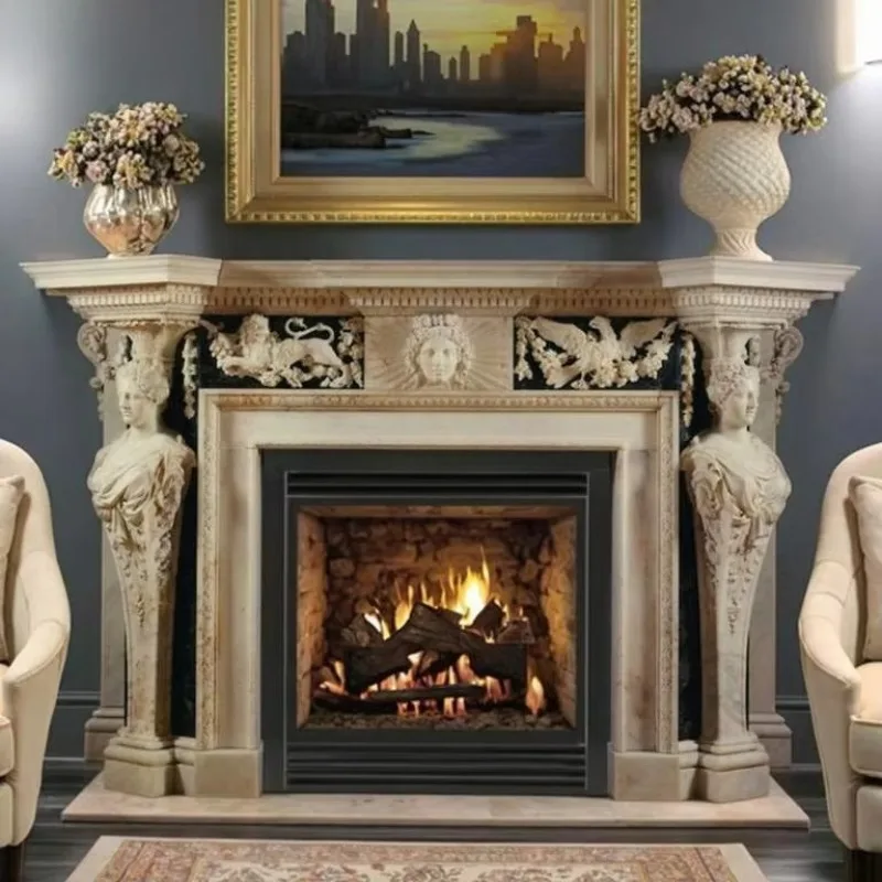 MILY Luxury Large Natural Beige Marble Fireplace with Lady Statues Hand Carved    h003