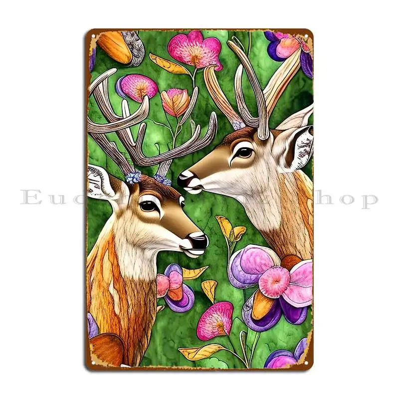 Two Deer Heads Bright Flowers Simulated Quilt Metal Plaque Cinema Plaques Customize Designing Designer Tin Sign Poster