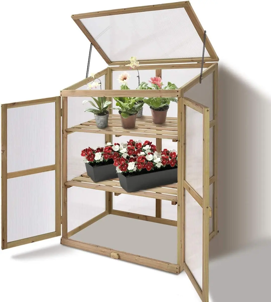 Cold Frame Greenhouse Portable Wood Mini Greenhouse w/Transparent Openable Roof Double Doors & 3 Tier Shelves Small