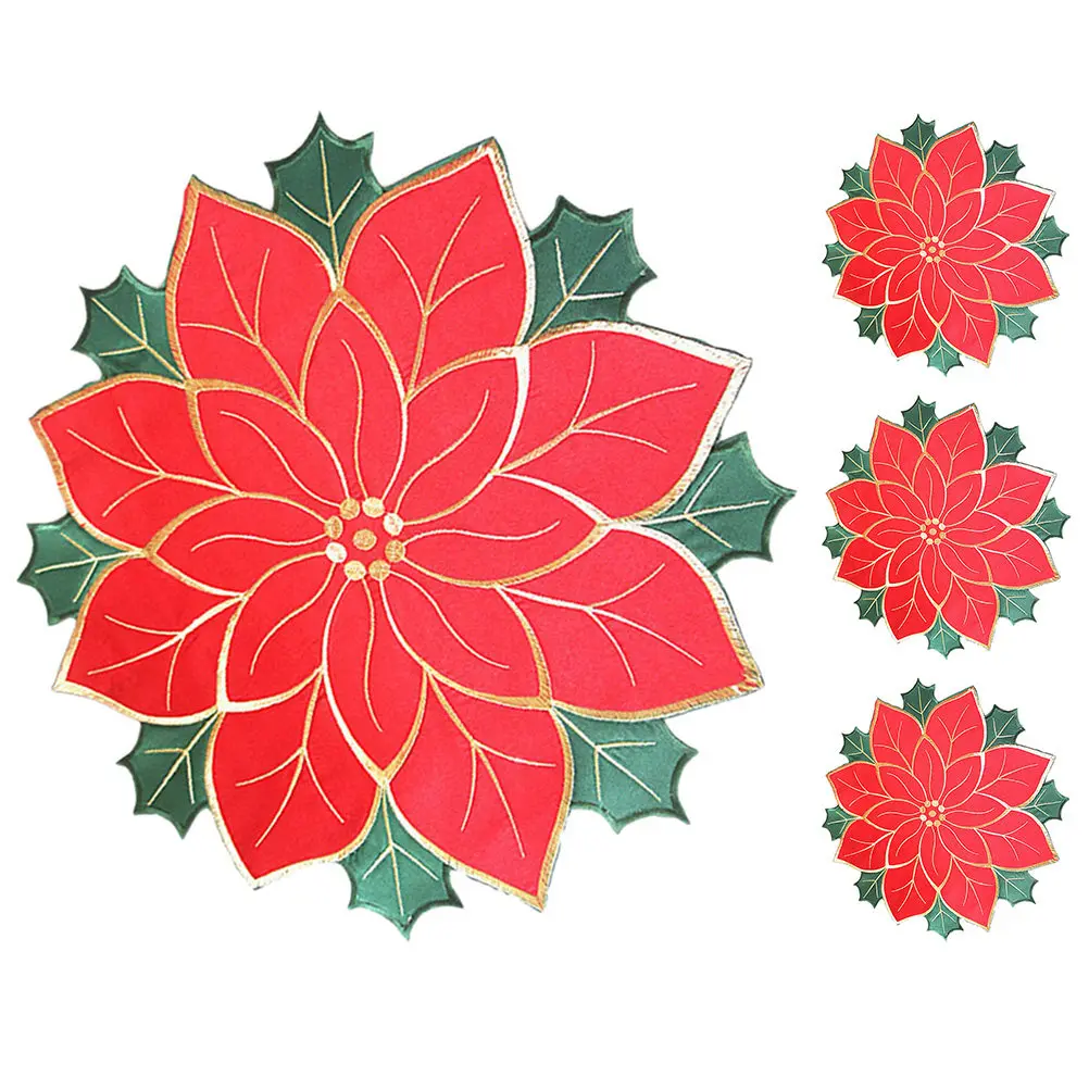 4Pcs Christmas Dining Placemat Embroidered Poinsettia Reusable Heat Resistant Table Decoration Holiday Poinsettia Placemat