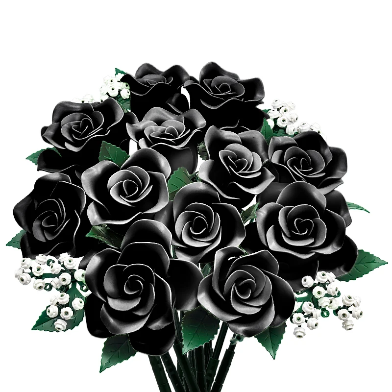 15 zwarte roos bouwboeket, gotische esthetische kamerdecoratie, creatief doe-het-zelf cadeau voor volwassenen en tieners, eeuwige kunstbloemset