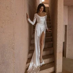 Elegant Off Shoulder Long Sleeve Satin Wedding Dress Cowl Neck High Slit Chapel Train Slim Bridal Gown For Women's Wedding Party