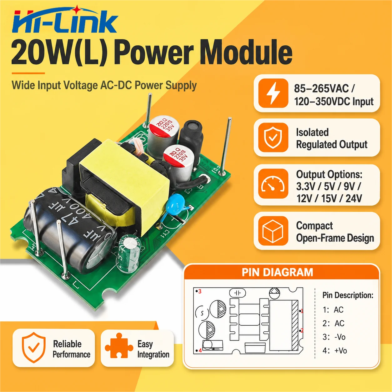 Hi Link HLK20M05L HLK20M12L 20W Flame Resistant Sealed Unit 85 To 265V AC 70 To 350V DC Input 3000VAC Shield Stable Buck Channel