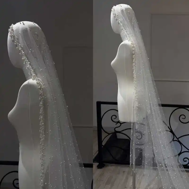 

Princess Pearls Wedding Veil Beaded 1 Layer Long Chapel Length Bride Veils With Comb Customized Bridal Accessories High Quality