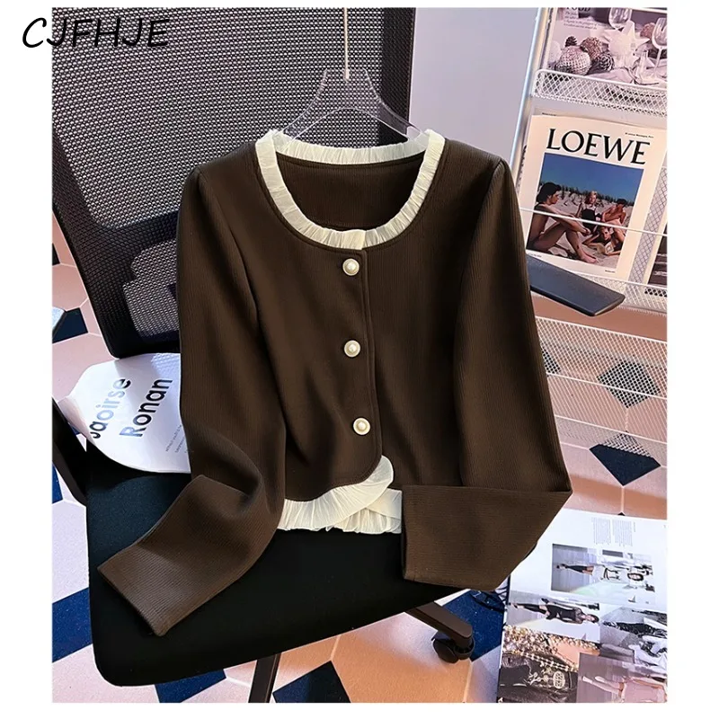 

CJFHJE Spring Sweet Solid Short V-neck Women's Shirt New French Fashion Spliced Wooden Ear Edge Long Sleeved Women T-shirt