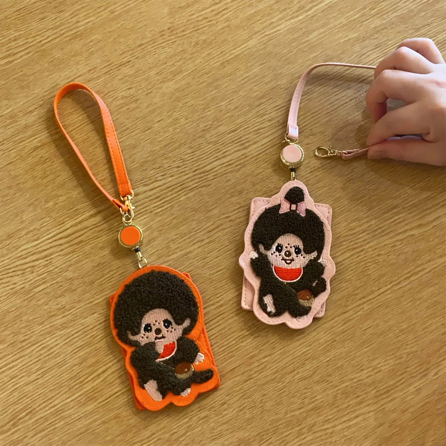 Cute Cartoon PU Leather Access Control Card Holder with Retractable Rope Student Lunch Card Protective Cover And Keychain