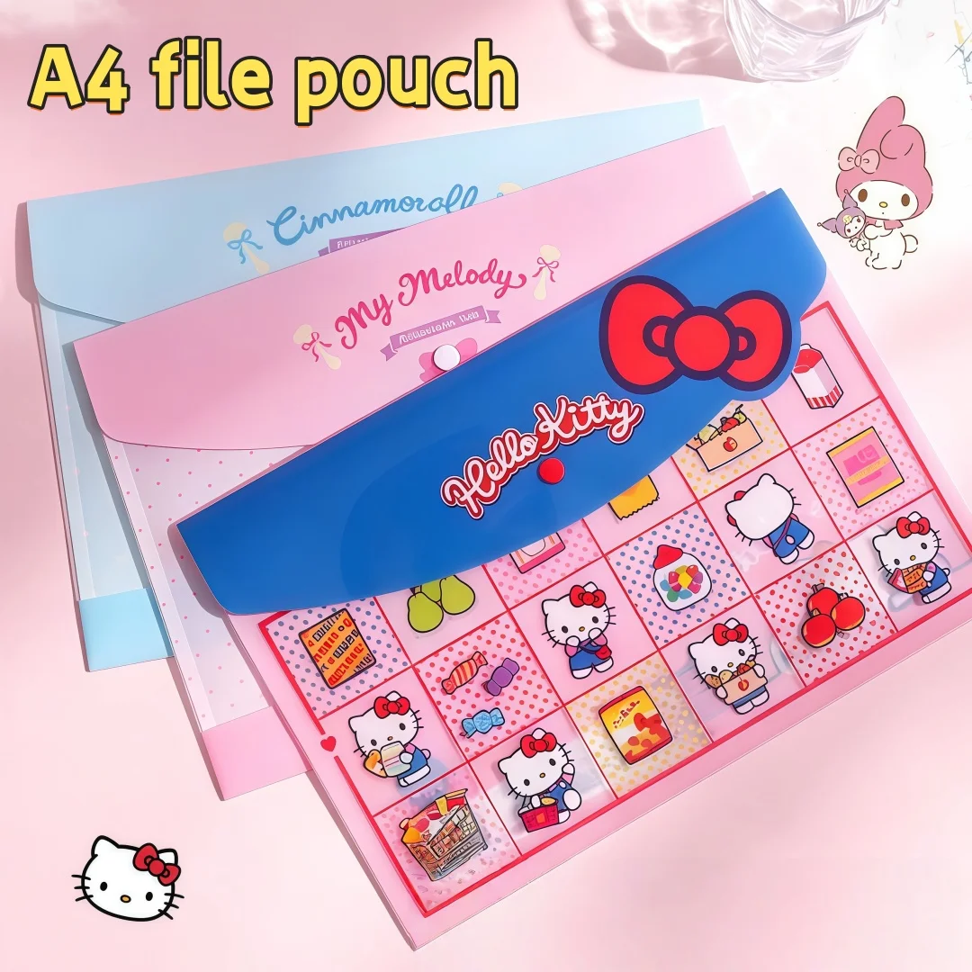 3/6/9Pc Hello Kitty A4 Snap Button File Bag Large Capacity Can Hold 50 Sheets Waterproof Student Test Paper Storage Bag