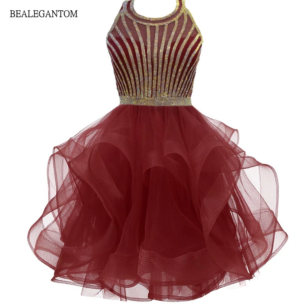 Bealegantom Short Organza Homecoming Dresses A-Line Tiered Crystal Beaded Mini Prom Cocktail Graudation Party Gowns QA2022-20