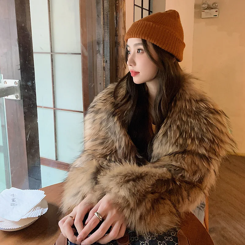 Natural Raccoon Fur Spokes Real Fur Coat Winter Women\'s Short Large Lapel European and American Style Short 2022 Street Hipster