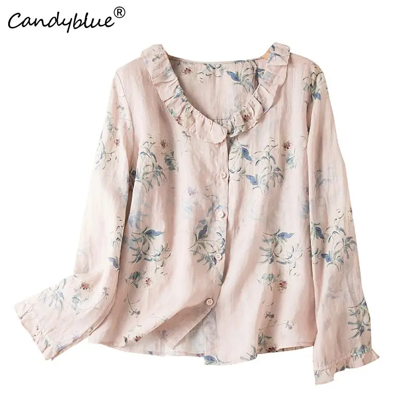 

Женская рубашка Весна-лето 2023 Новинка винтажная рубашка с воротником лотос лист Куклы тонкая Непринужденная Повседневная универсальная блузка с длинным рукавом