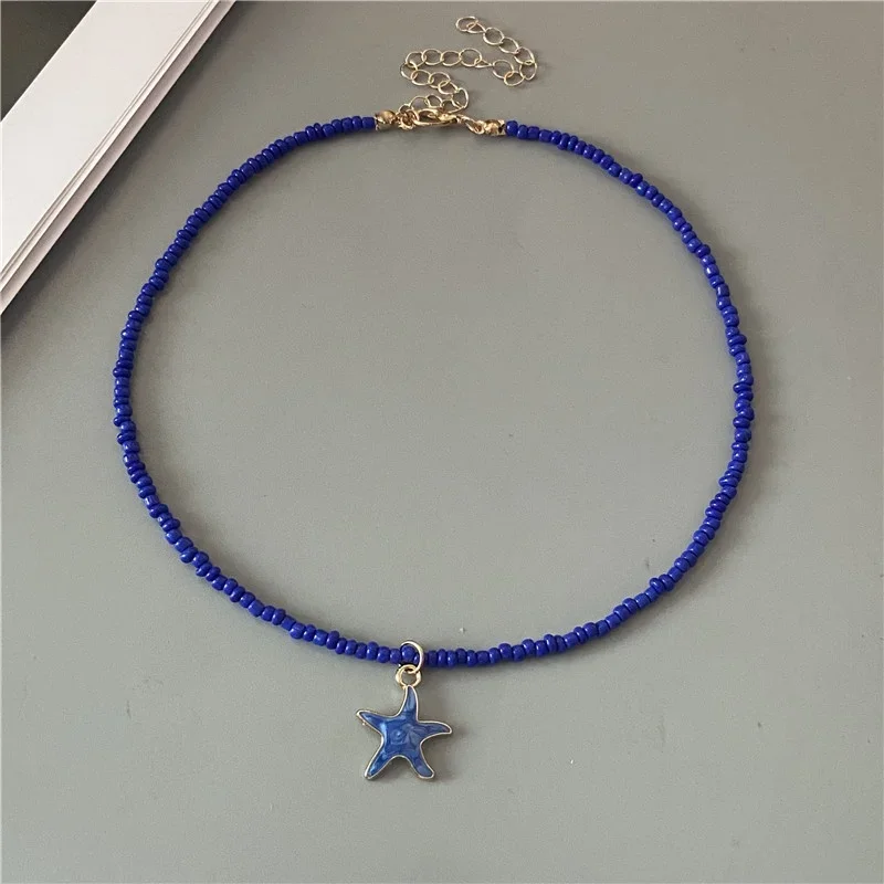 4 Colors Fashion Starfish Choker Necklace for Men Women White Black Blue Colorful Rice Beads Gift for Friend Short Collar