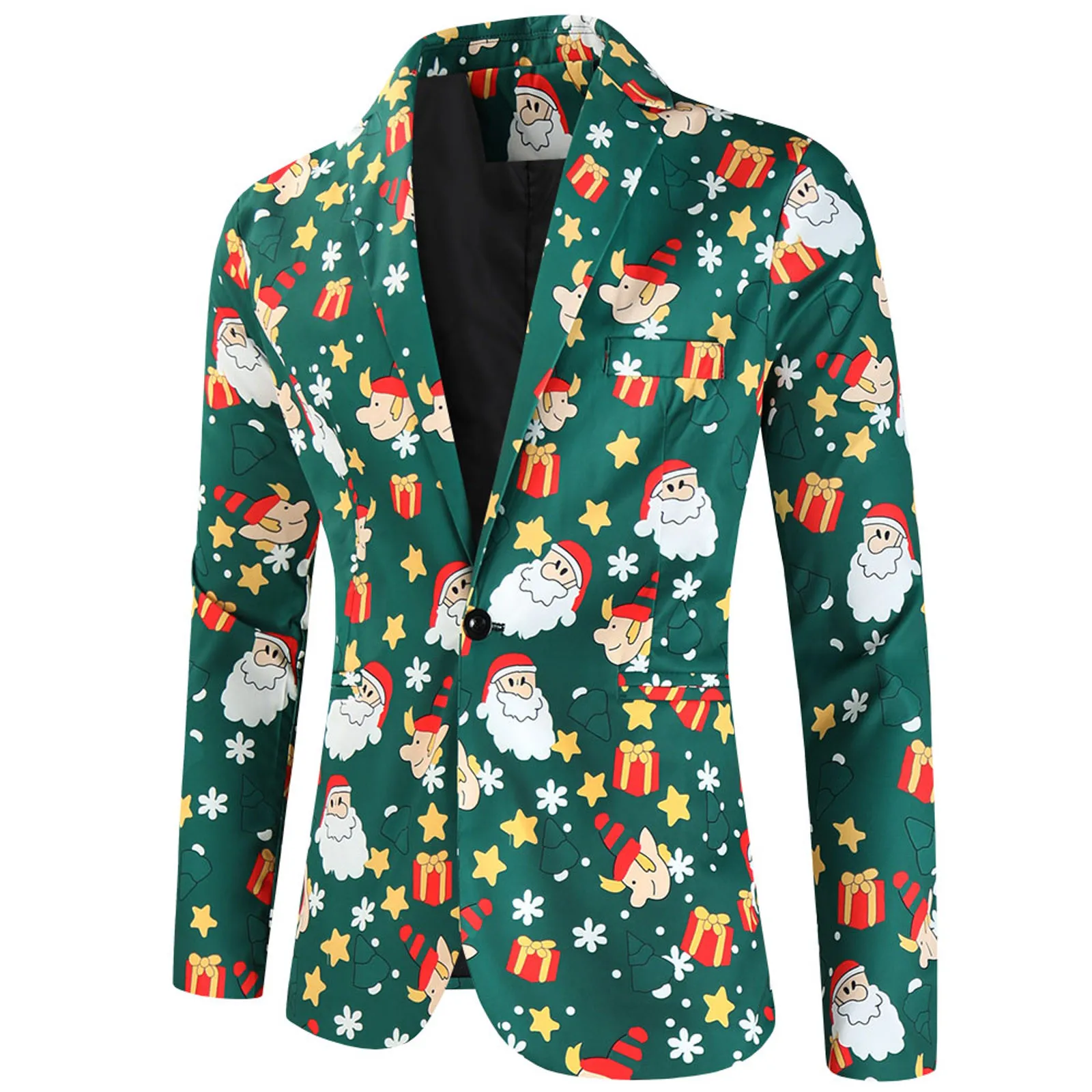 Mens Fashion Leisure Christmas Printed Pocket Buttons long Sleeve V Neck Suit Big  Male Suits idle leisure Suit Coat