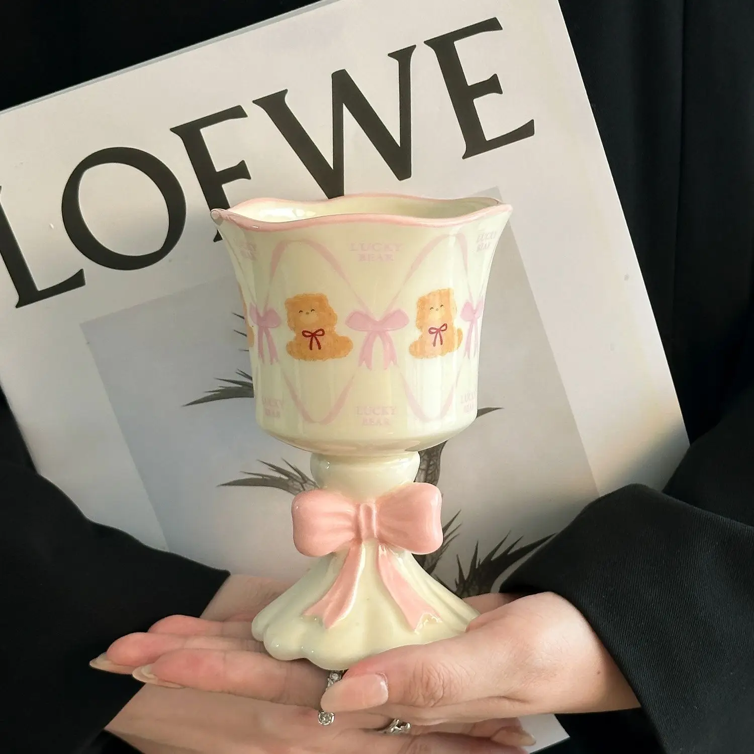 

Retro Cute Ceramic Goblet Cup Emboss Bow Handle Dessert Juice Mug Bear Pattern Household Cup