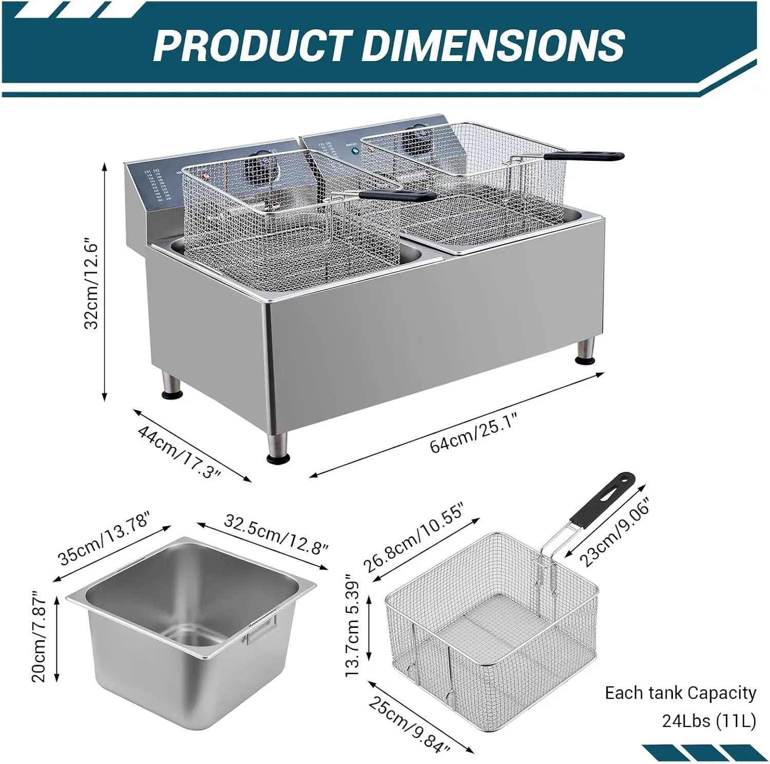 Tacleekii 11L Dual Tank Commercial Electric Deep Fryer with Basket 304 Stainless Steel Countertop Fryer with Temperature Control & Overheat Protection for Restaurant, Home Use