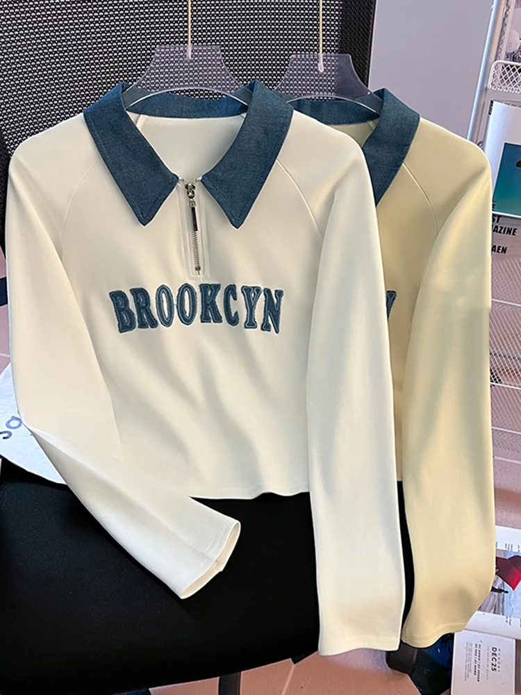 Korean Fashion Women Polo Collar Half Zipper Long Sleeved T-Shirt New Y2K Casual Embroidery Contrasting Color Short Student Top