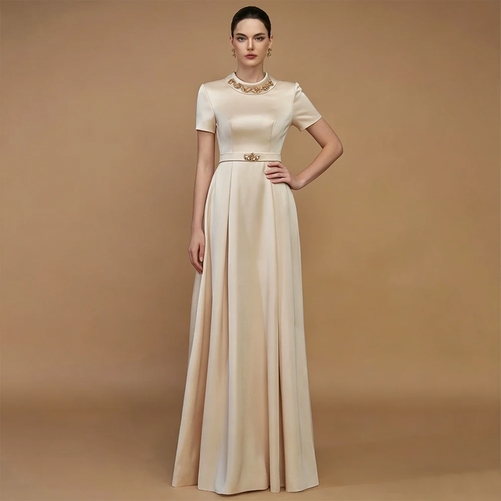 

Customized Champagne Evening Dress Satin Crystal High Collar Short Sleeves Women's Evening Gowns Long A Line Wedding Guest Dress