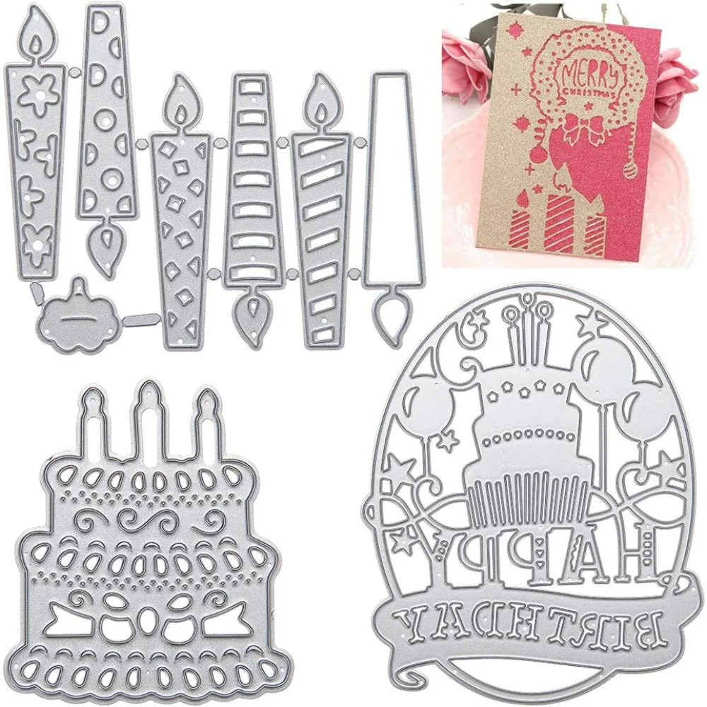 3pcs 4 Inch Cutting Dies Happy Birthday Candle Cake Metal Die cuts Stencils Templates for Card Making Embossing Scrapbooking DIY