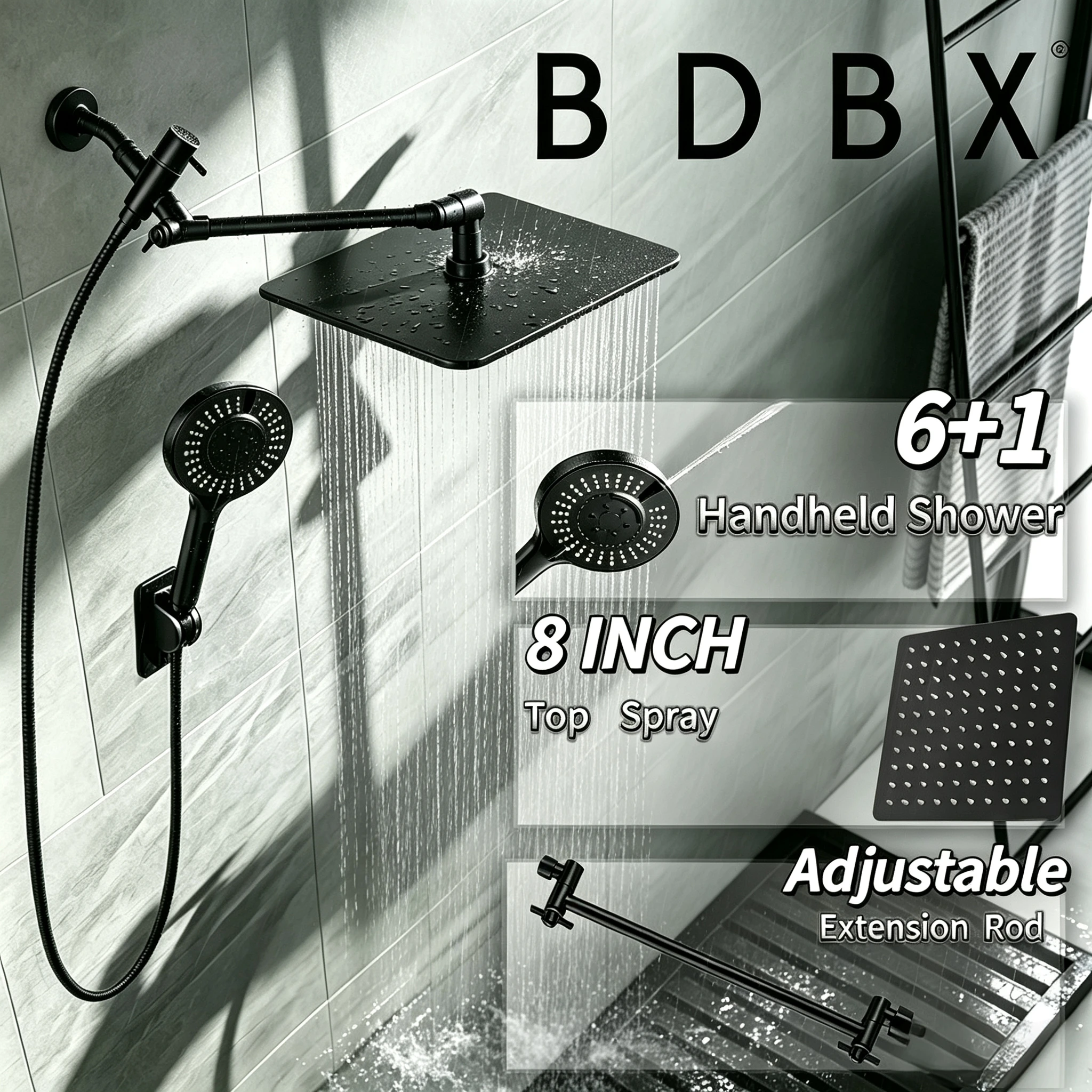 8-Inch Stainless Steel Top Spray Shower with Extension Arm Multifunctional Handheld Shower Wall-Mounted Shower Set