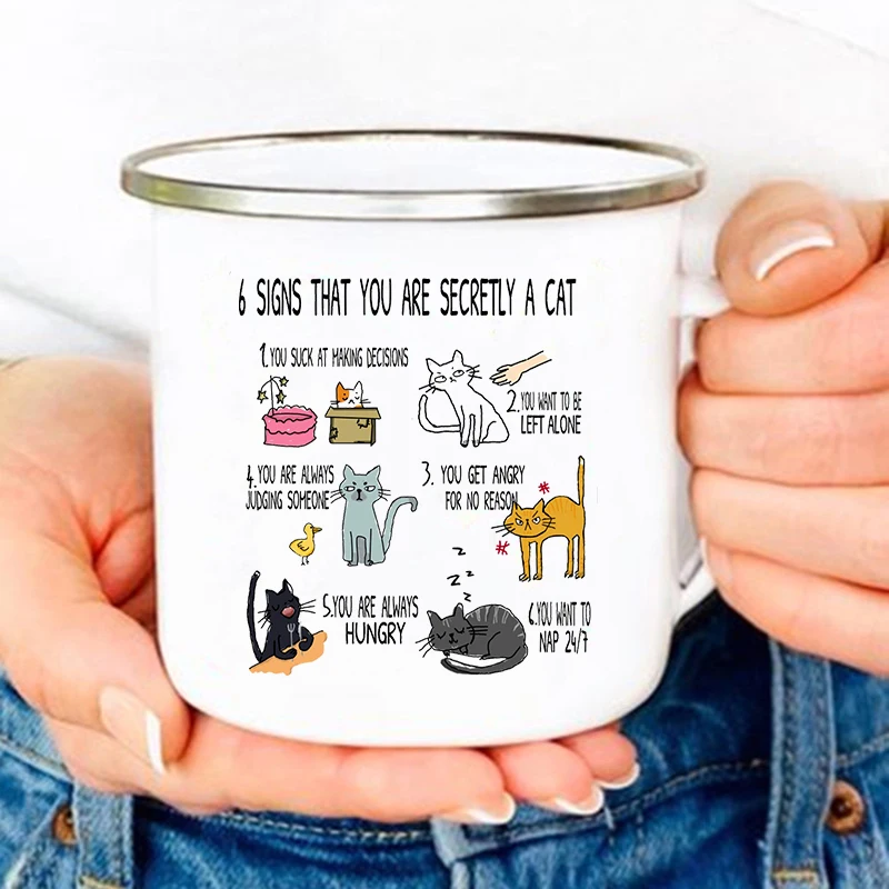 6 Signs That You Are Secretly A Cat Print Mugs Funny Creative Coffee  Enamel Cups Drink Milk Mug Handle Drinkware Cat Lover Gift