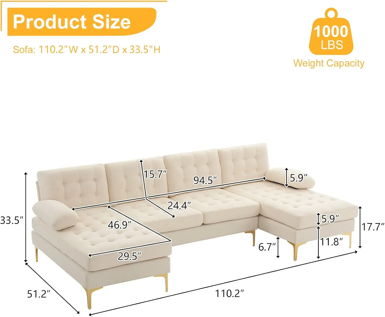 Sofá seccional en forma de U con doble Chaise, 110,0 pulgadas (W)x 55,0 pulgadas (D)x 33,0 pulgadas (H), juego de sofá para sala de estar