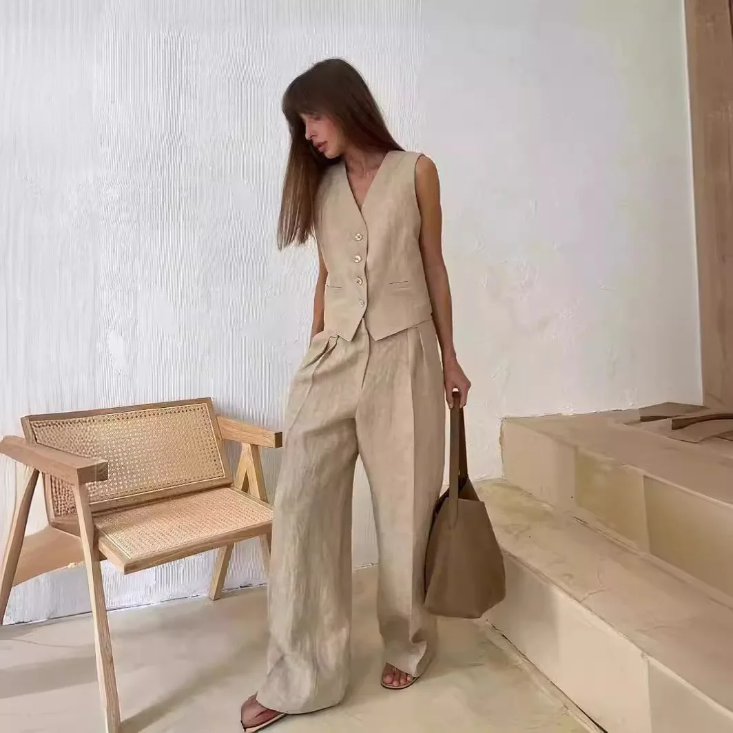 

2025 New Women Linen Cotton Chic Vest ＆ Pants Suit Two-Piece Set Office Ladies Summer Chic 2 Piece Sets Women's Outfits