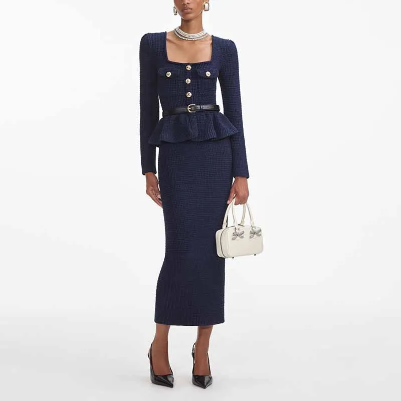 Setelan Dua Potong Wanita FW25, Kerah Kotak dengan Ruffle, Slim Fit, Pakaian Kantor Elegan