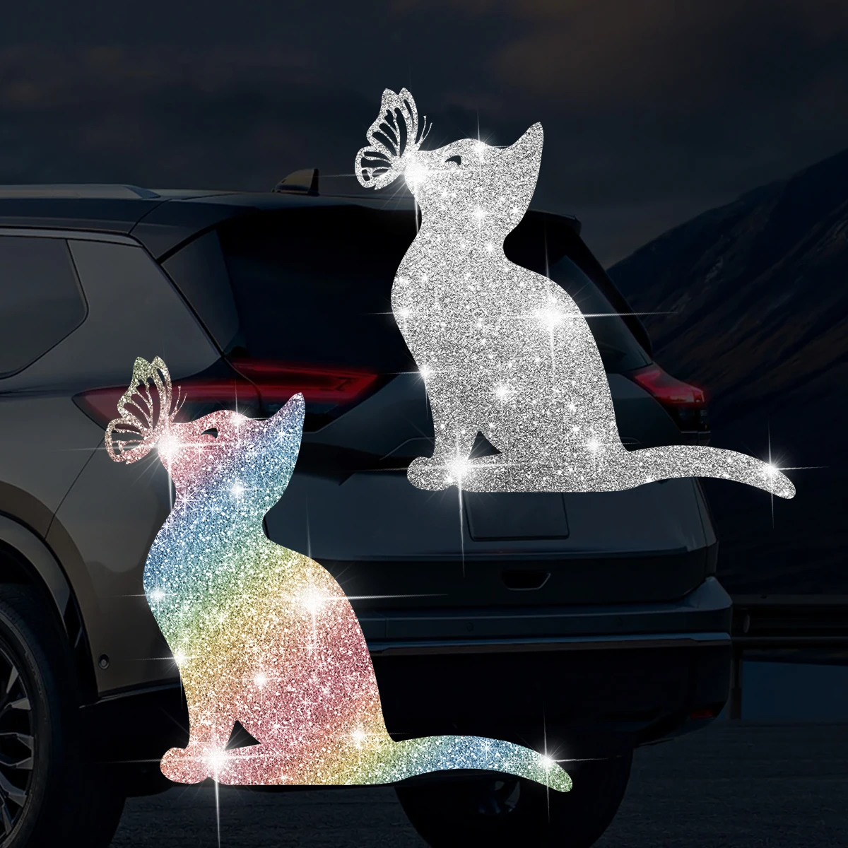 1pc Sparkling Butterfly Cat Car Sticker Self Adhesive Vinyl Easy to Install Suitable for Cars, Motorcycles, Trucks