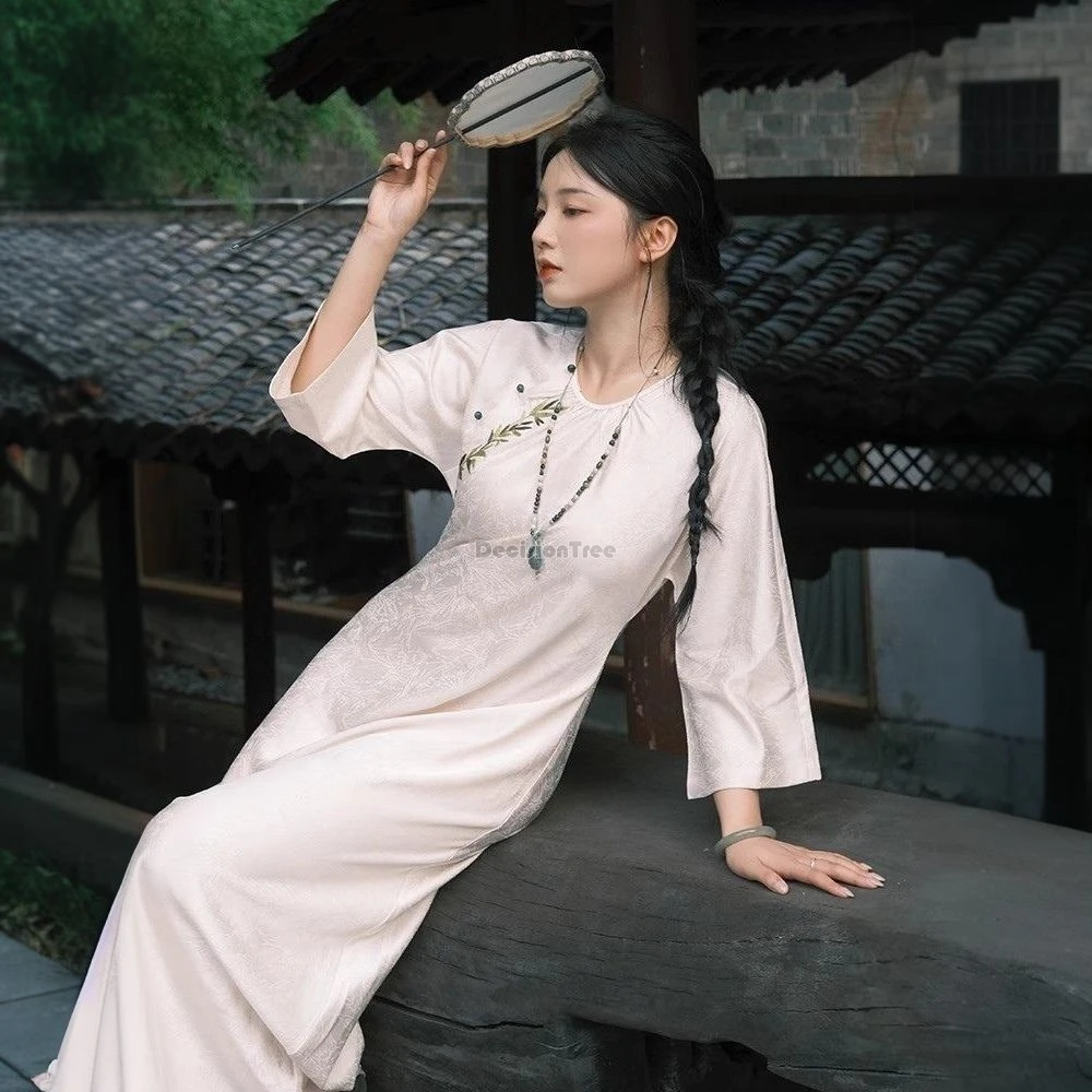 Chinese national style long cheongsam dress round collar gauze dress women spring summer Loose daily Bamboo Embroidery qipao
