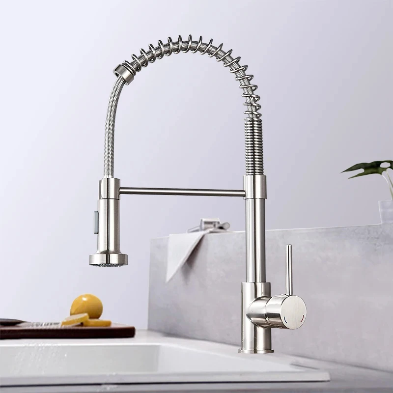 Spring Brushed Nickel Kitchen Faucet Deck Mounted Mixer Tap 360 Degree Rotation Stream Sprayer Nozzle Kitchen Sink Hot Cold Taps