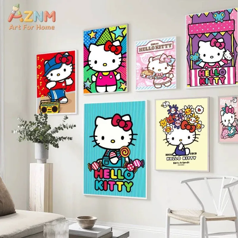 `Kawaii Bow White Cat Canvas Wall Art, Colorful Cute Cartoon Poster Print, No Frame Canvas Painting, Aesthetic Wall Picture for