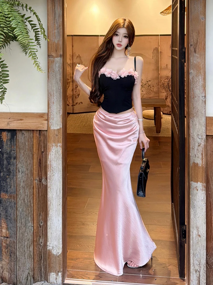 

Элегантный комплект для подружек невесты без рукавов с цветочным принтом и контрастными цветами: юбка-русалка с высокой талией и топ-майка для женщин, летняя мода