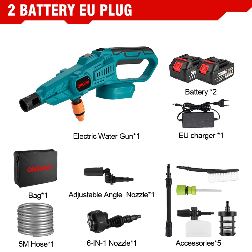 ONEVAN 200Bar Borstelloze Hogedruk Elektrische Wasmachine Pistool 6IN1 Draadloze Spuitpistool Tuin Water Gereedschap Voor Makita Batterij Pin