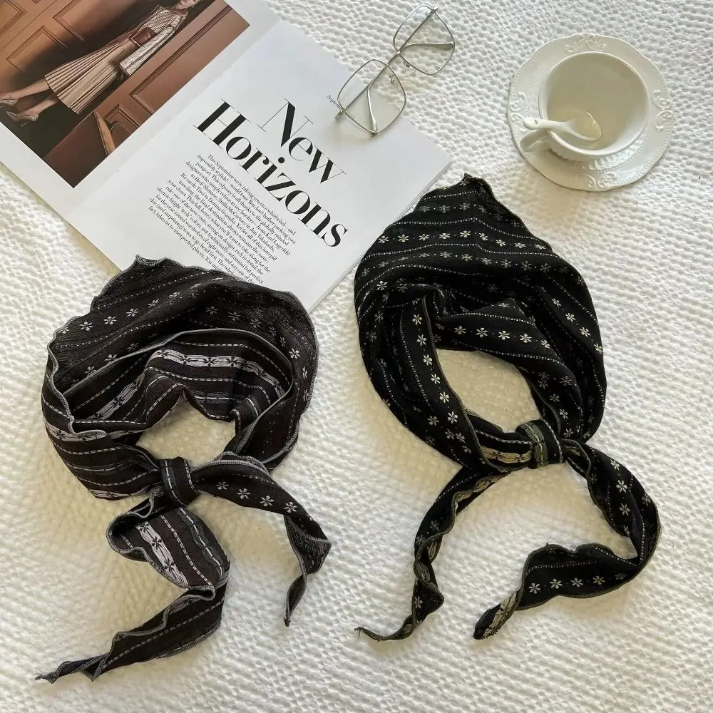 

Sweet Snow Flower Scarves Stripe Print Korean Style Cotton Linen Headscarf Soft Headkerchief Bandanas Shawl Headband Girls