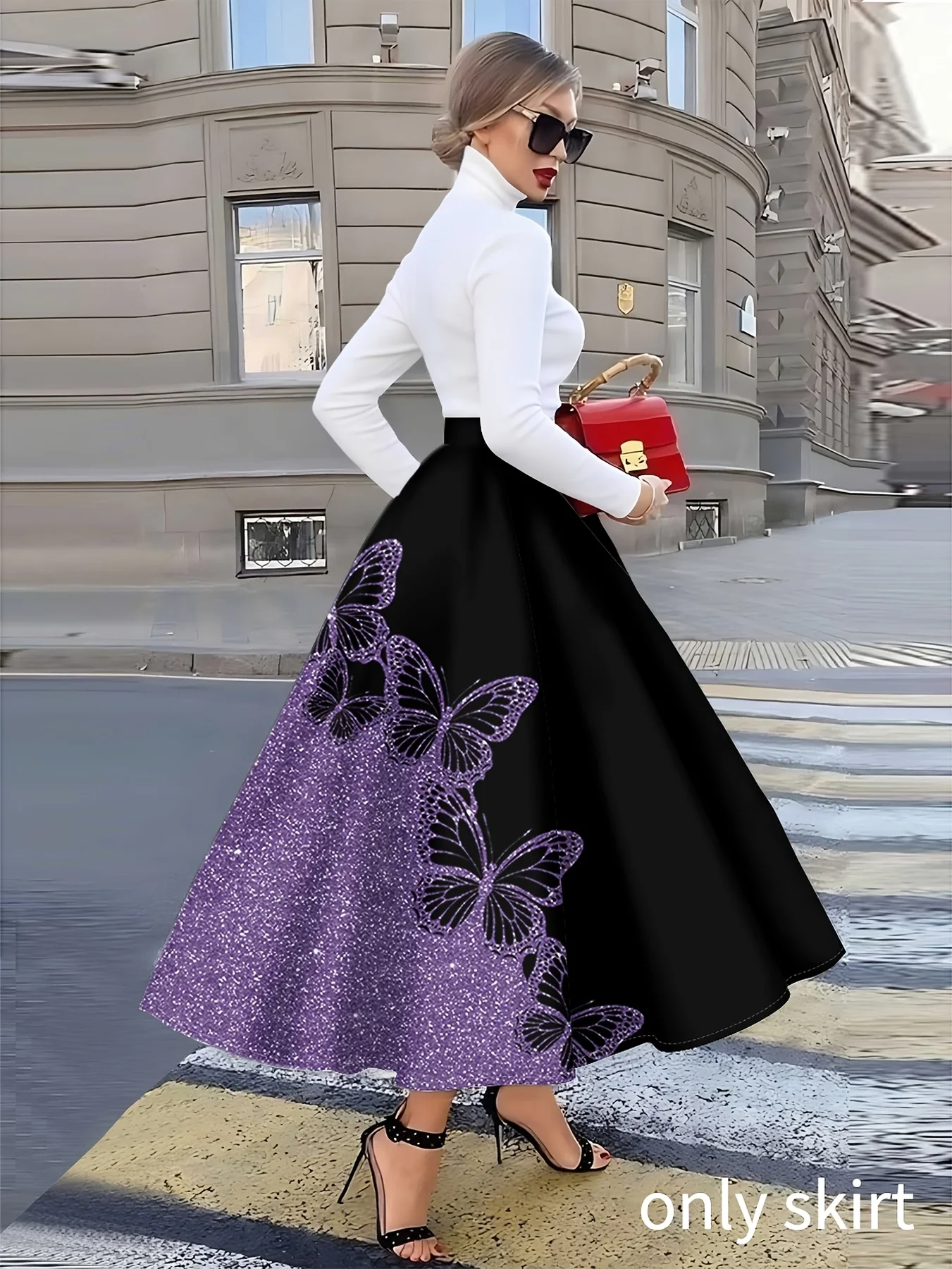 Women High Waist Maxi Skirt Purple Butterfly Print A‑Line Swing LongSkirt Glitter Elegant Party Holiday Casual FlowyLadiesSkater