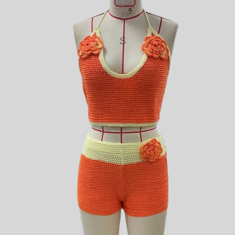 

Женский летний комплект из 2 предметов: вязаный кроп-топ на бретелях и шорты с низкой посадкой, с 3D цветочными аппликациями, в стиле Y2K, бохо, для пляжа и вечеринок