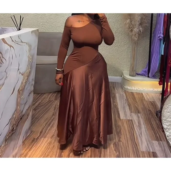 

Maxi Long Dress for Women One Shoulder Full Sleeve New 2025 Summer Patchwork Vintage Birthday Sexy Club Party Evening Dresses