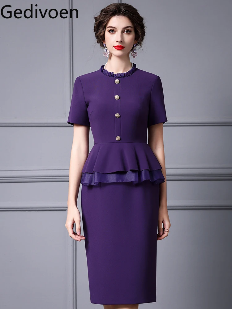 

Gedivoen Summer Fashion Runway New Designer Office Lady Style Round Neck Round Neck Soslid coior Office Hip Wrap Dress