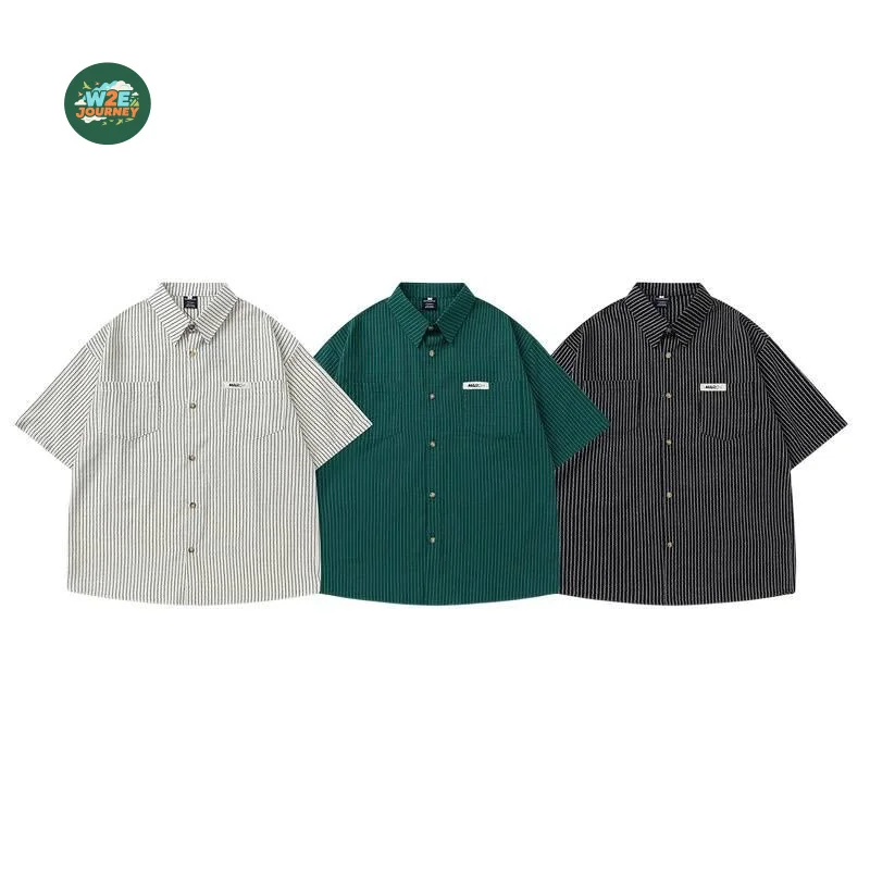 W2EJOURNEY Kemeja Bergaris Musim Panas Pria Ukuran AS UE Kualitas Terbaik Kemeja Kasual Luar Ruangan Antik Lengan Pendek Berkancing dengan Saku