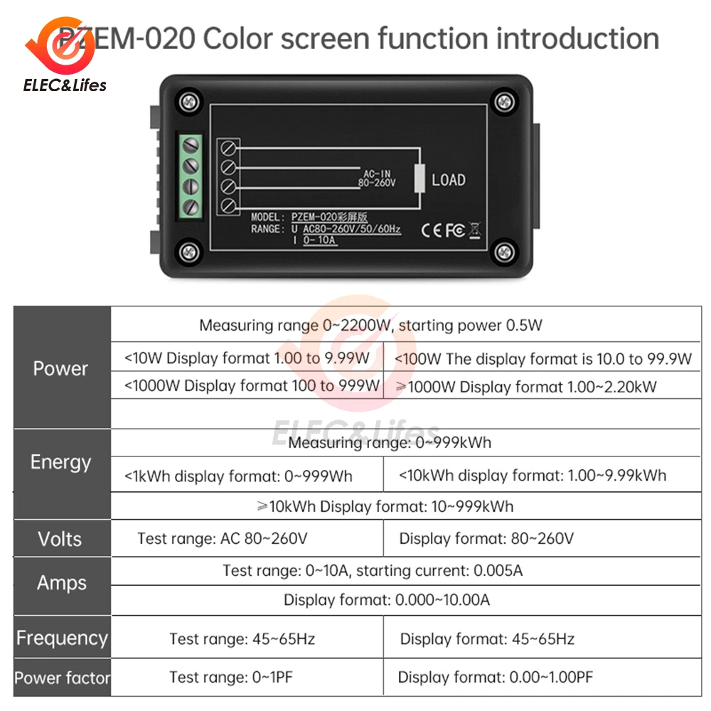 PZEM-020 Wattmeter Power Meter Voltmeter AC 80-260V Voltage 50-60HZ Power Analyzers LCD AC Electricity Meter 10A 2200W Detector