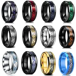 16 Colors Men Jewelry Red Blue Black Dragon Inlay Comfort Fit Stainless Steel Rings For Wedding Wide 8mm