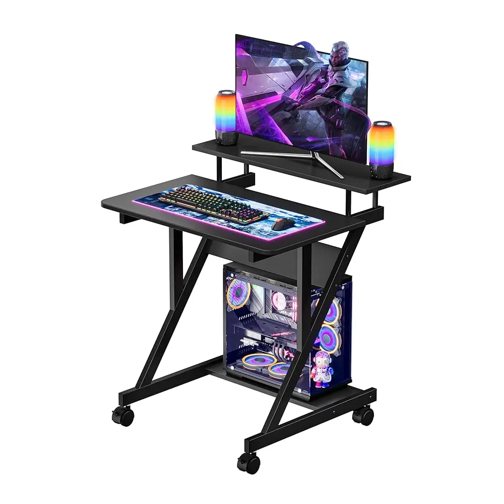 

Computer Desk For Small Spaces, 27.5 H Small Computer Desk, 3 Tier Compact Desk With Monitor Shelf And Bottom Storage Shelves,