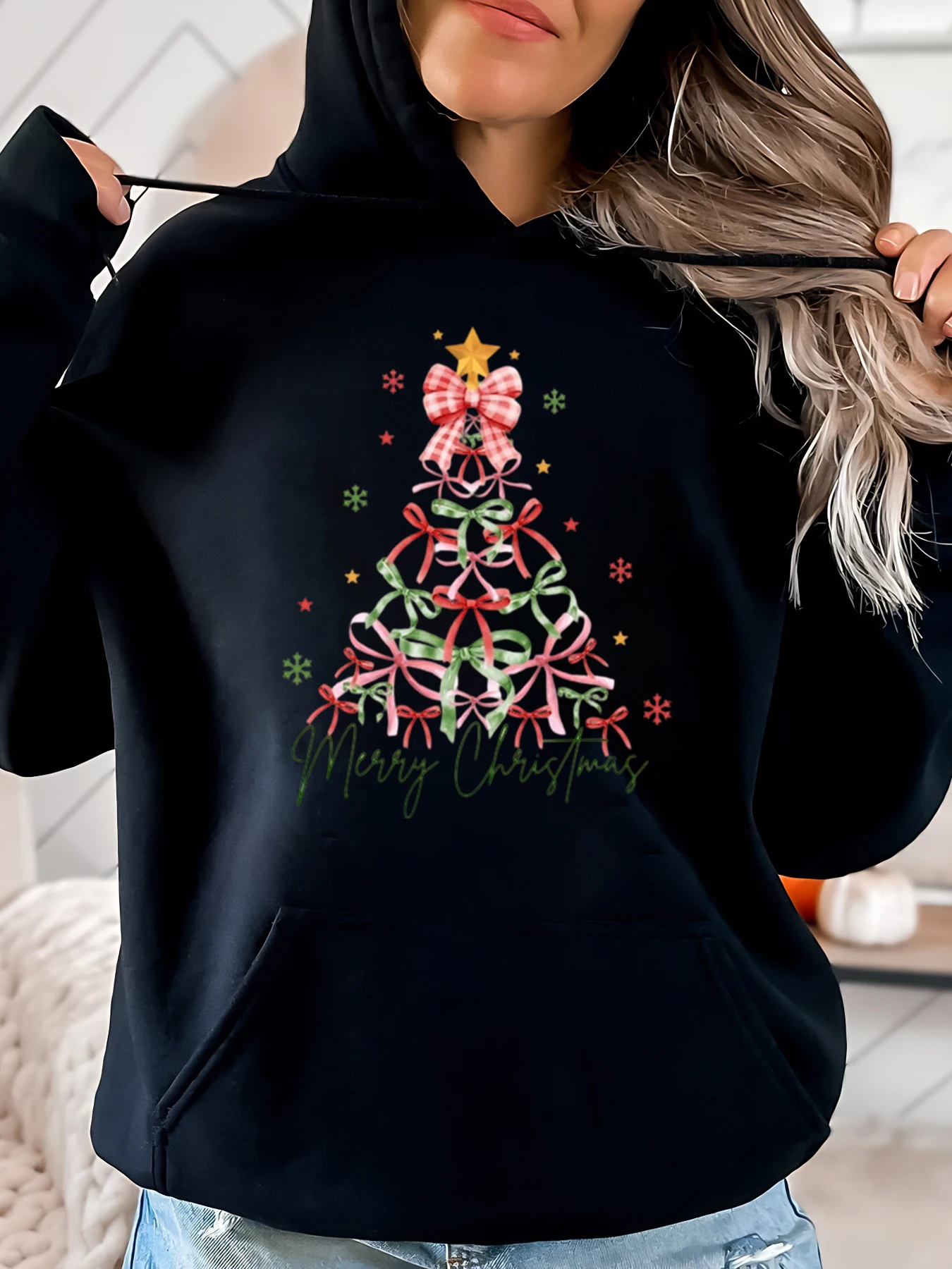 Sweat à capuche imprimé arbre de noël avec nœuds et joyeux noël pour femmes, tenue de fête décontractée, noir, grande taille