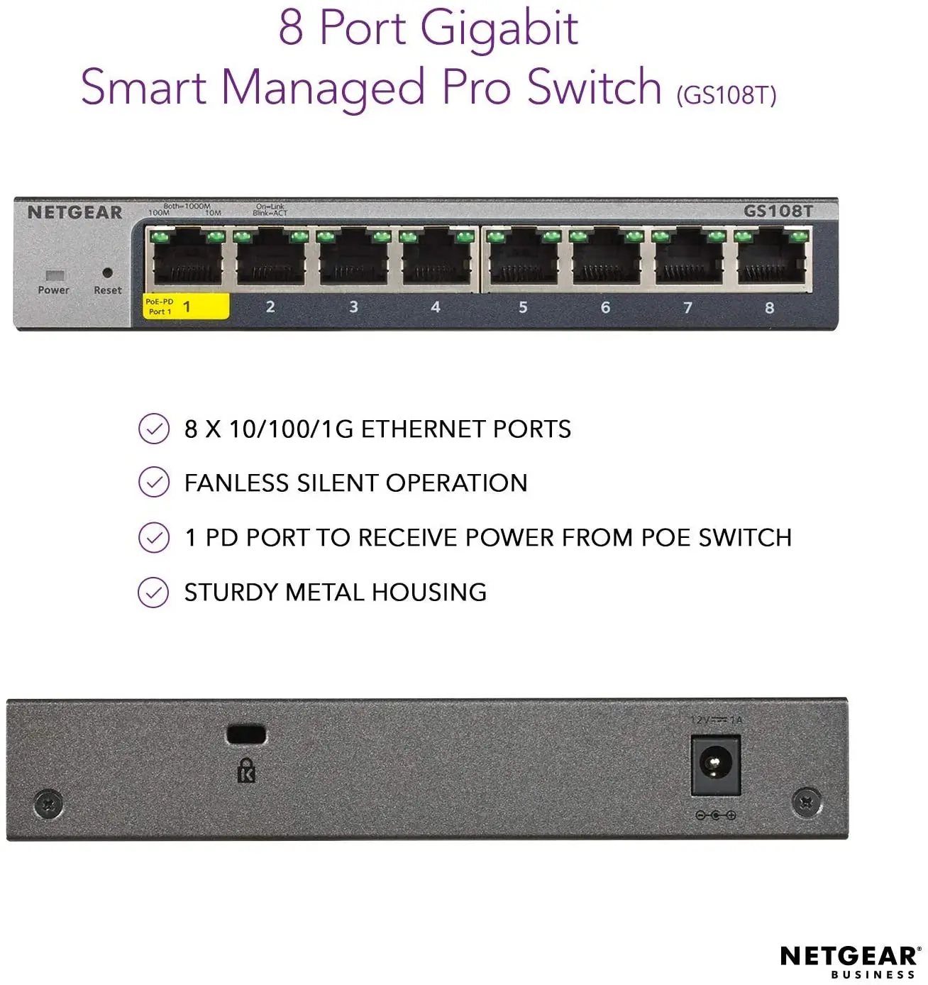 NETGEAR GS108T v1 v2 v3 8-portowy przełącznik Gigabit Ethernet Smart Managed Pro do komputerów stacjonarnych i v3 z zarządzaniem chmurą