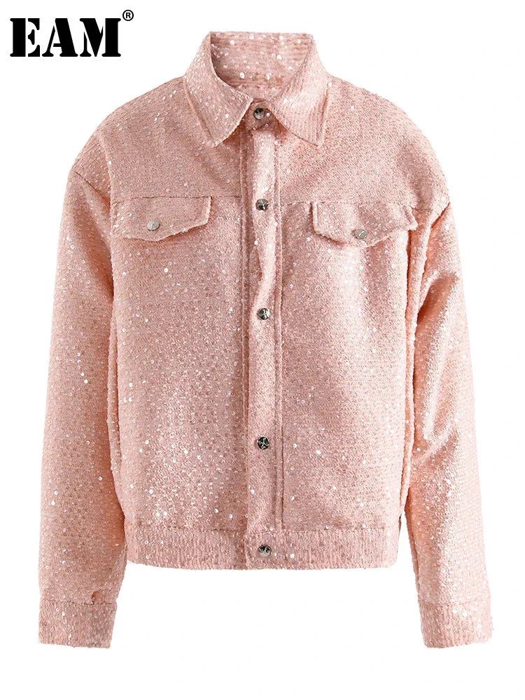 

[EAM] pink Color Sequins Shining Big Size Casual Jacket New Lapel Long Sleeve Women Coat Fashion Tide Spring Autumn 2024 CPG1221