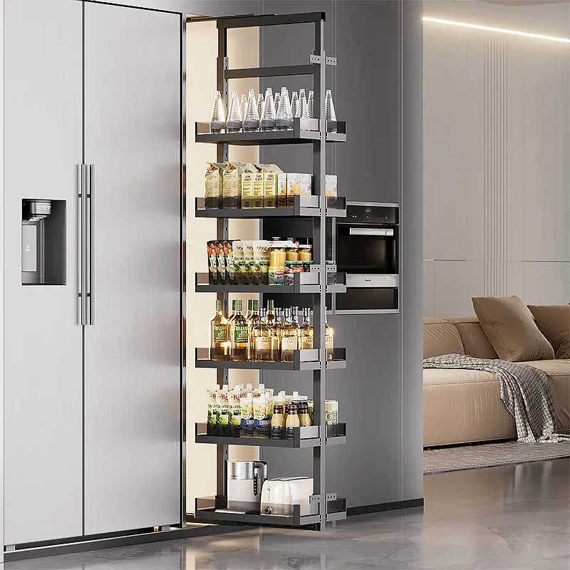 Kitchen high cabinet, next to side of the refrigerator, crack pulls the basket, cabinet is extremely narrow