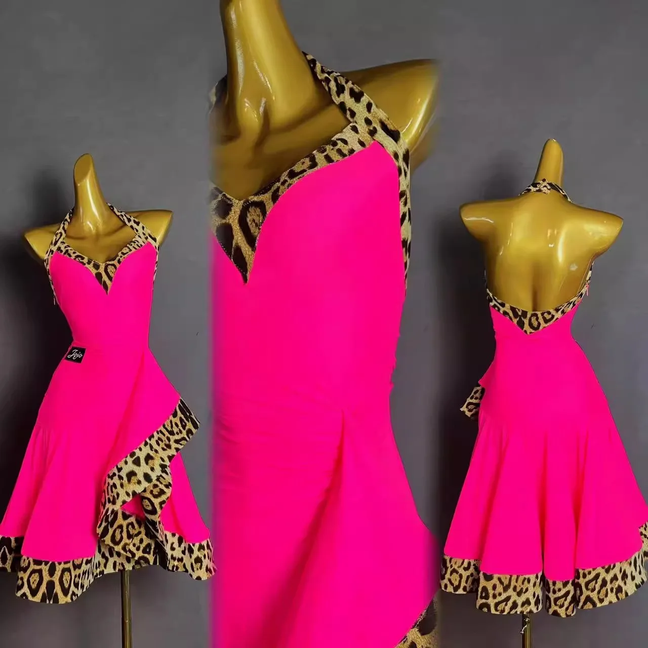 Latin Dance Costume Rhinestone Women's High-end Custom Contrasting Leopard Print Hanging Neck Backless Samba Performance Dress